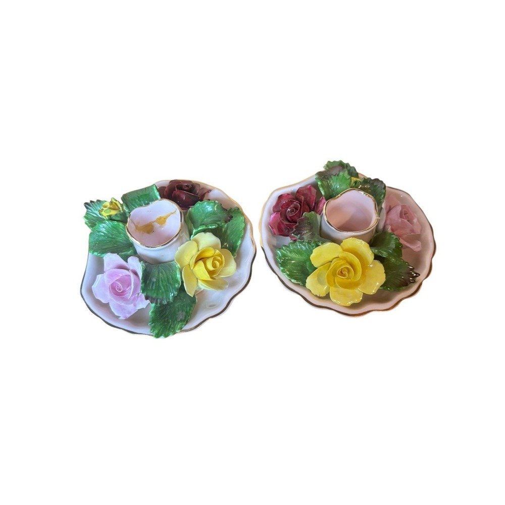 2 Denton Best Bone China‎ flower Candle Holder England Hand molded 3x3 Fairy